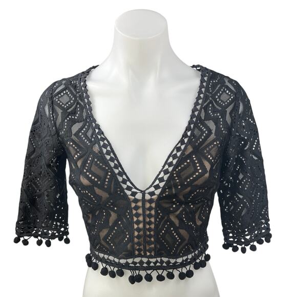 For Love & Lemons Black Argyle Pompom Lace Mesh Boho V Neck Crop Top Size XS - Picture 1 of 9